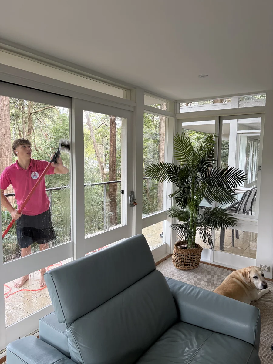 Flamingo cleaner washing a sliding glass door in a sunroom